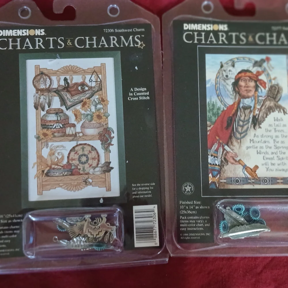 2 Complete Native American Dimensions Charts & Charms Cross Stitch Craft Kits